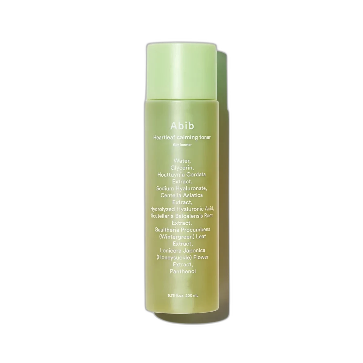 Abib Heartleaf Calming Toner Skin Booster in a 200ml clear plastic bottle