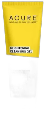 Acure Brightening Cleansing Gel in a clear plastic bottle with purple label
