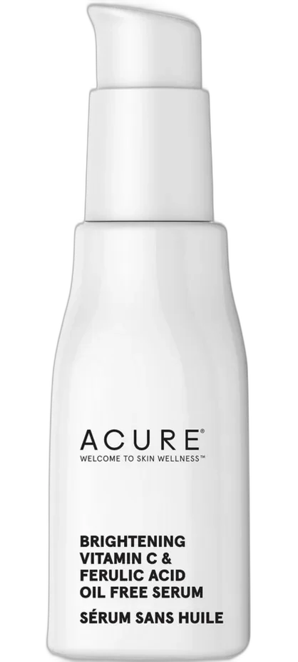 Acure Brightening Vitamin C and Ferulic Acid Serum in a frosted glass bottle with dropper