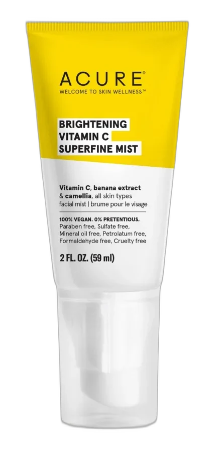 Acure Brightening Vitamin C Superfine Mist in a clear spray bottle with purple label