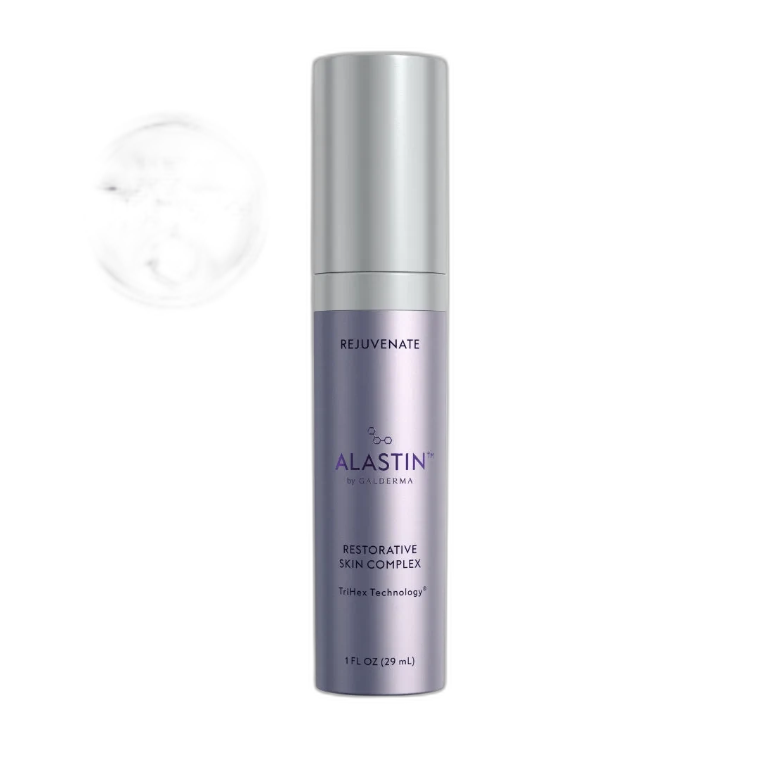 Alastin Restorative Skin Complex pump bottle with blue and white clinical packaging