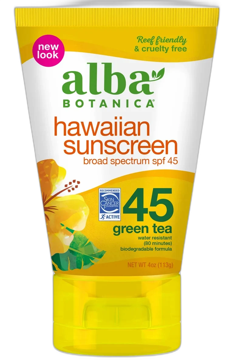 Alba Botanica Hawaiian Sunscreen SPF 45 bottle with tropical coconut scent chemical sunscreen