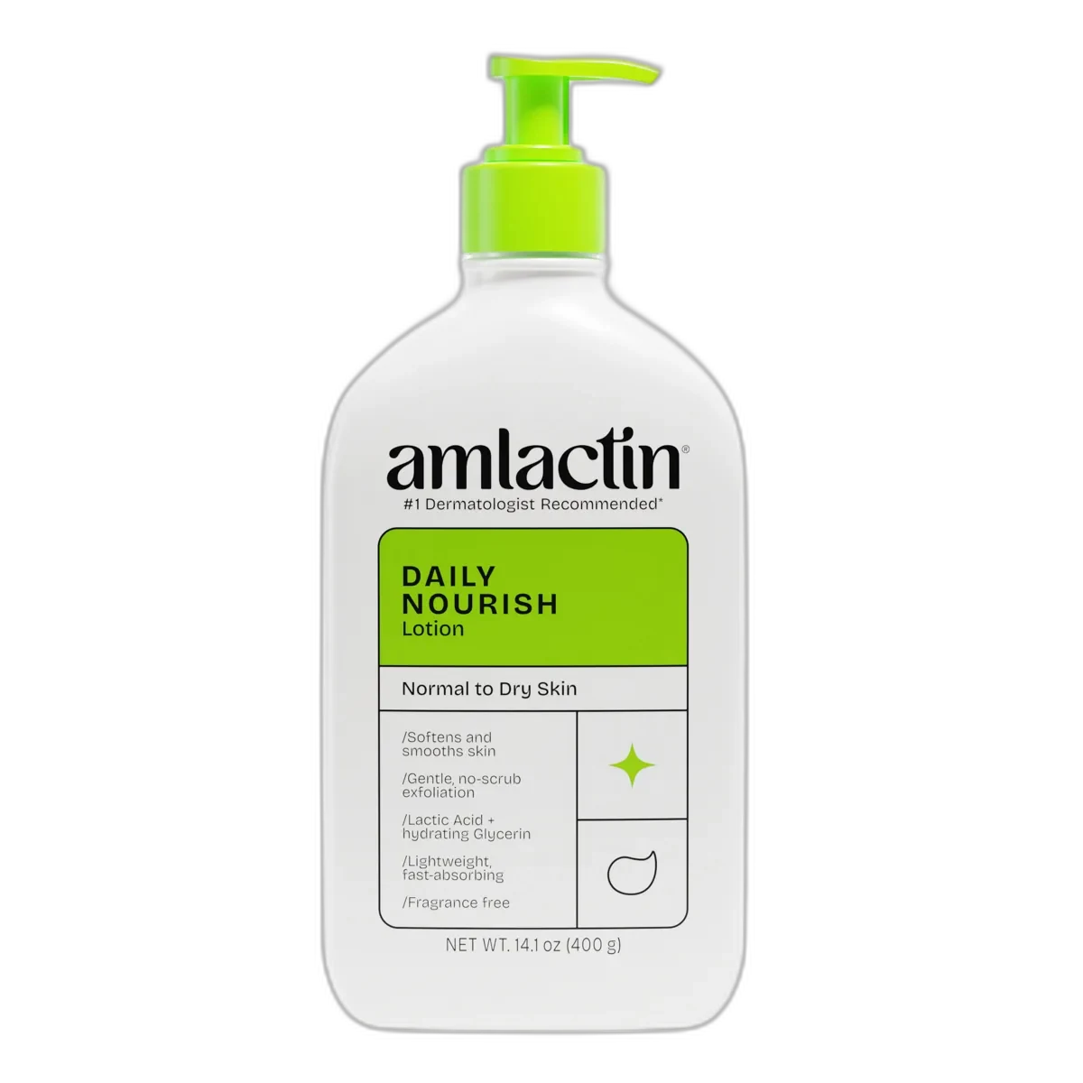AmLactin Daily Moisturizing Body Lotion with 12% Lactic Acid in a white squeeze bottle