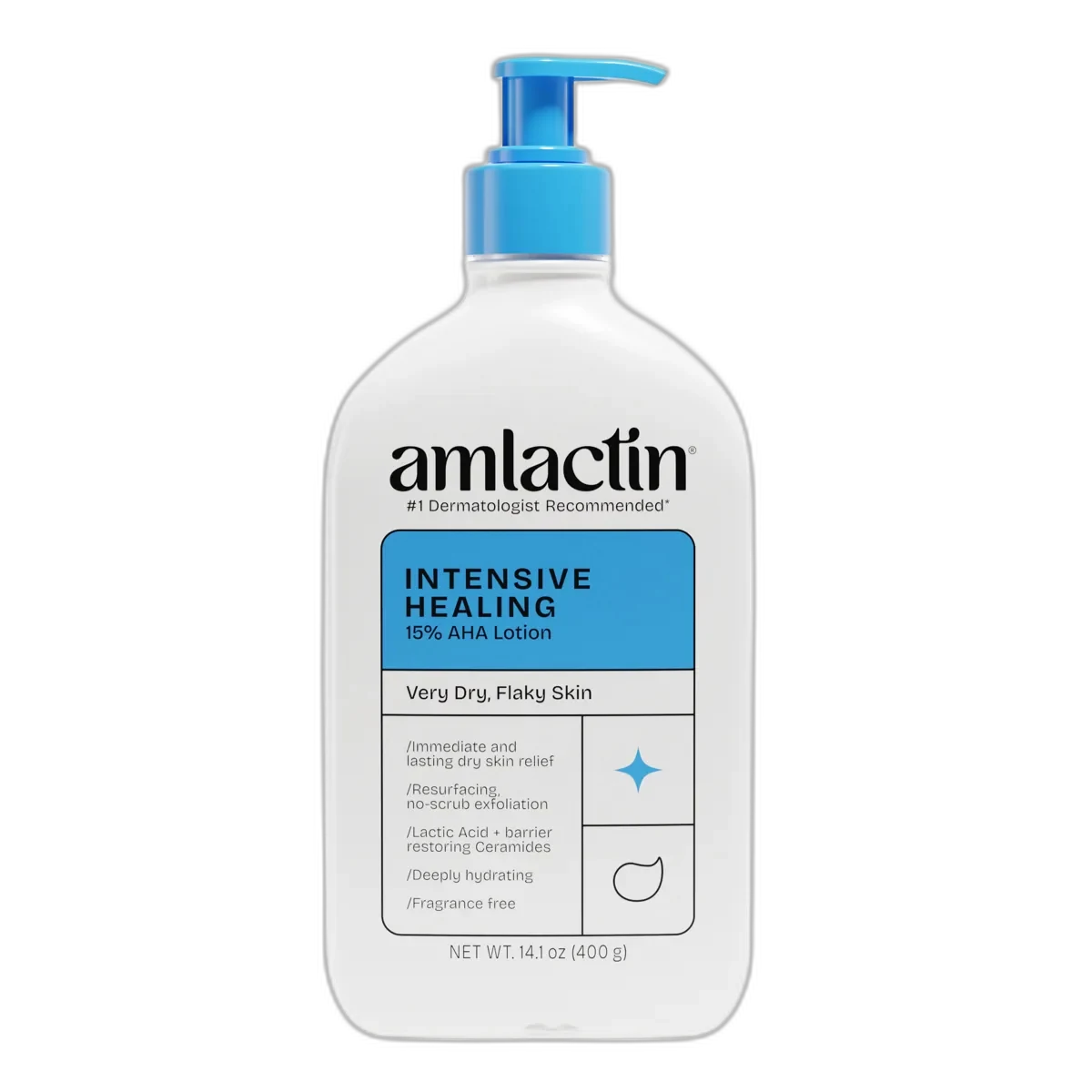 Amlactin Rapid Relief Restoring Lotion 15% Lactic Acid pump bottle with purple and white labeling