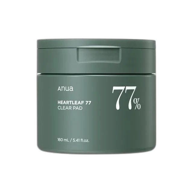 Anua Heartleaf 77% Clear Pad in a dark green round jar with included tweezers