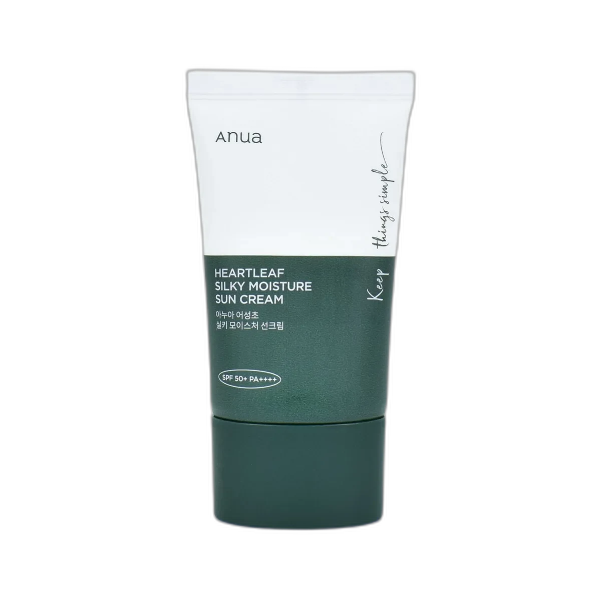 Anua Heartleaf Silky Moisture Mild Sunscreen SPF 50+ in a white squeeze tube with sage green