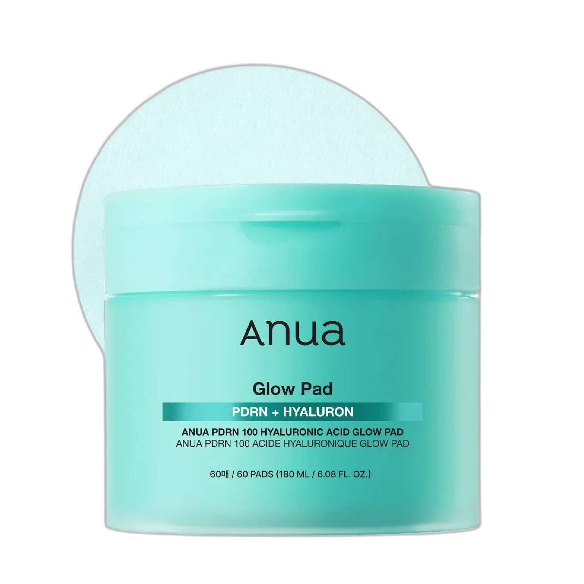 Anua PDRN 100 Hyaluronic Acid Glow Pad jar with 60 dual-sided toner pads