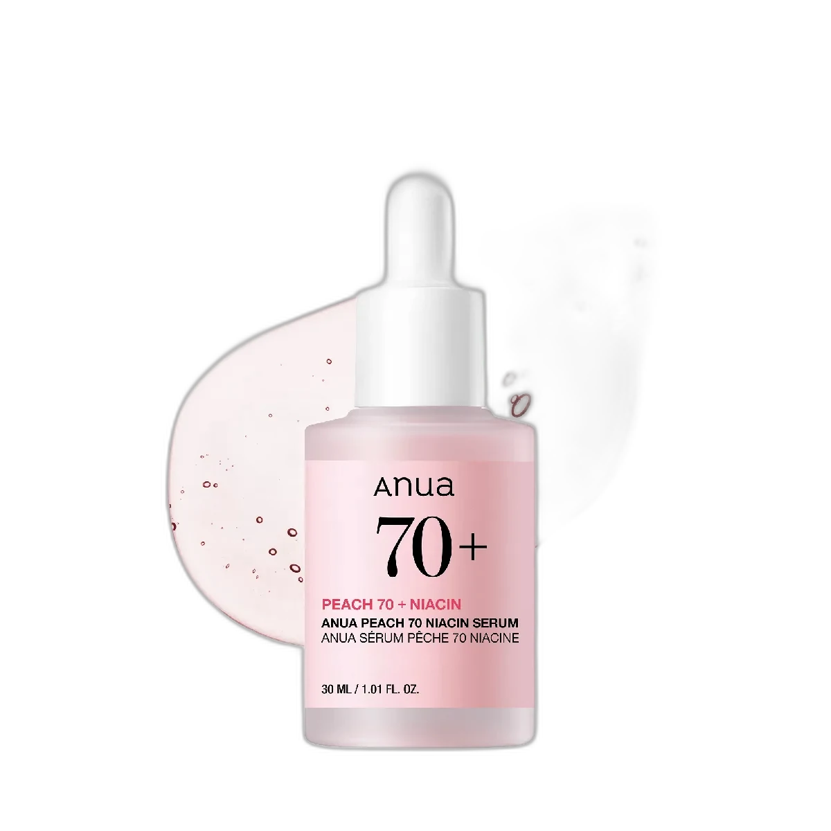 Anua Peach 70 Niacin Serum in a frosted glass bottle with dropper and peach-toned branding