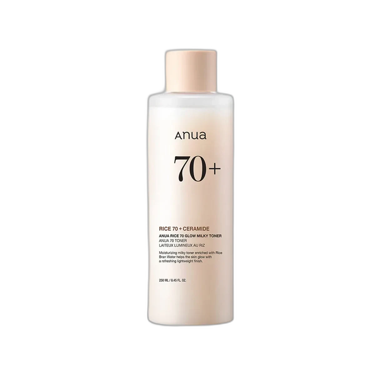 Anua Rice 70 Glow Milky Toner 250ml bottle with warm-toned rice line branding