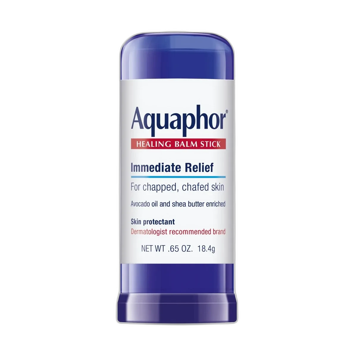 Aquaphor Healing Balm Stick in blue and white twist-up packaging