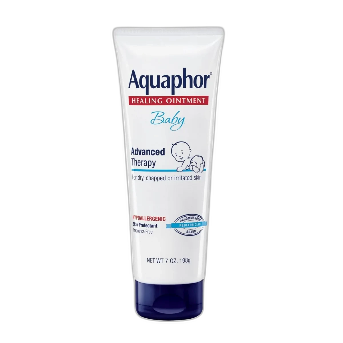 Aquaphor Baby Healing Ointment tube with blue and yellow baby-themed packaging