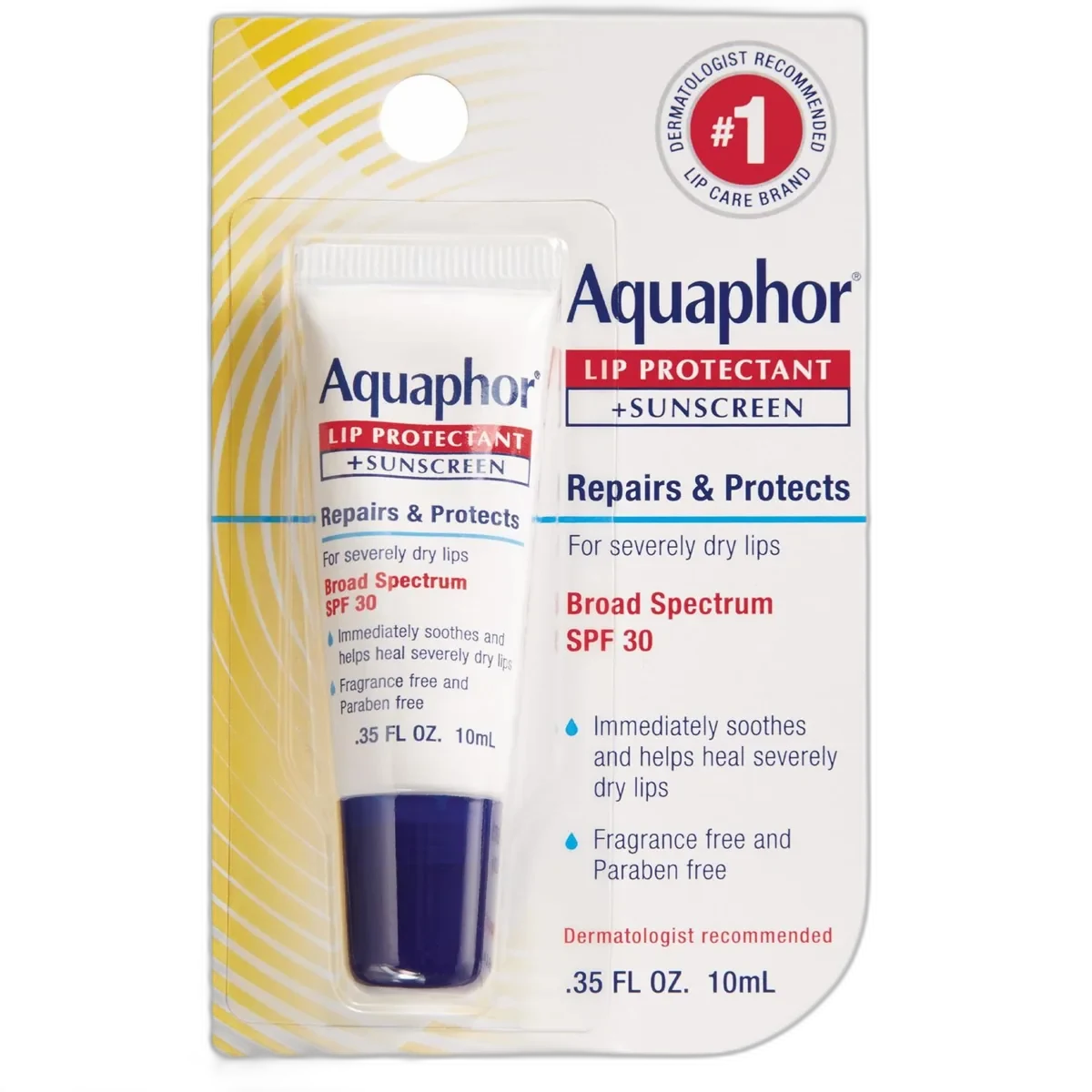 Aquaphor Lip Repair + Protect SPF 30 squeeze tube with blue and white packaging and orange SPF