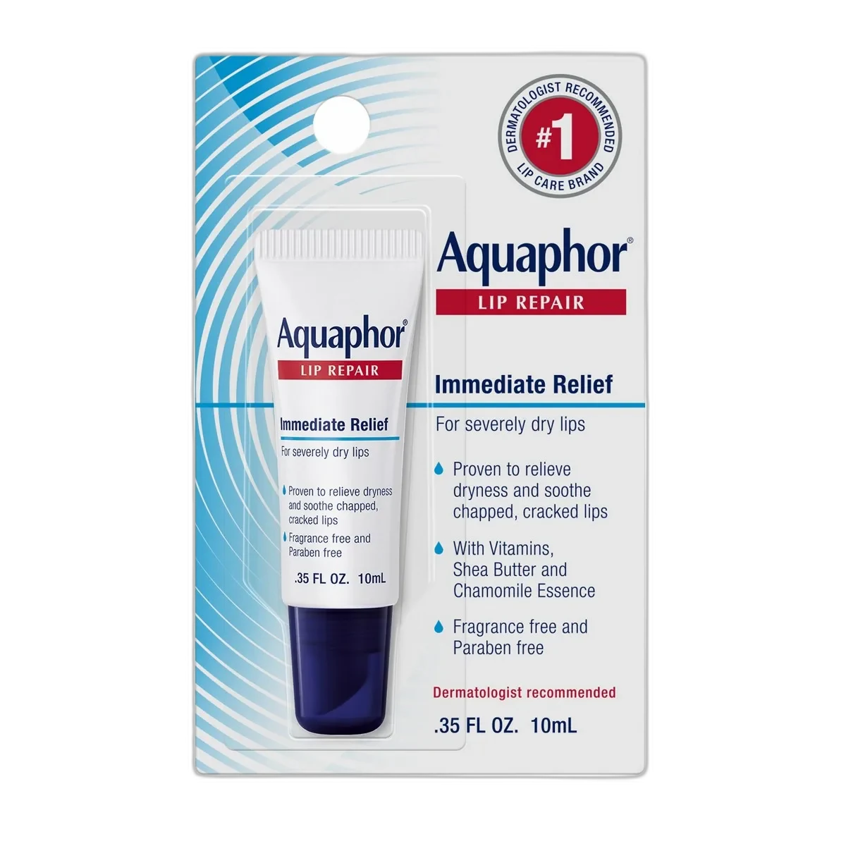 Aquaphor Lip Repair tube in white packaging with blue Aquaphor branding