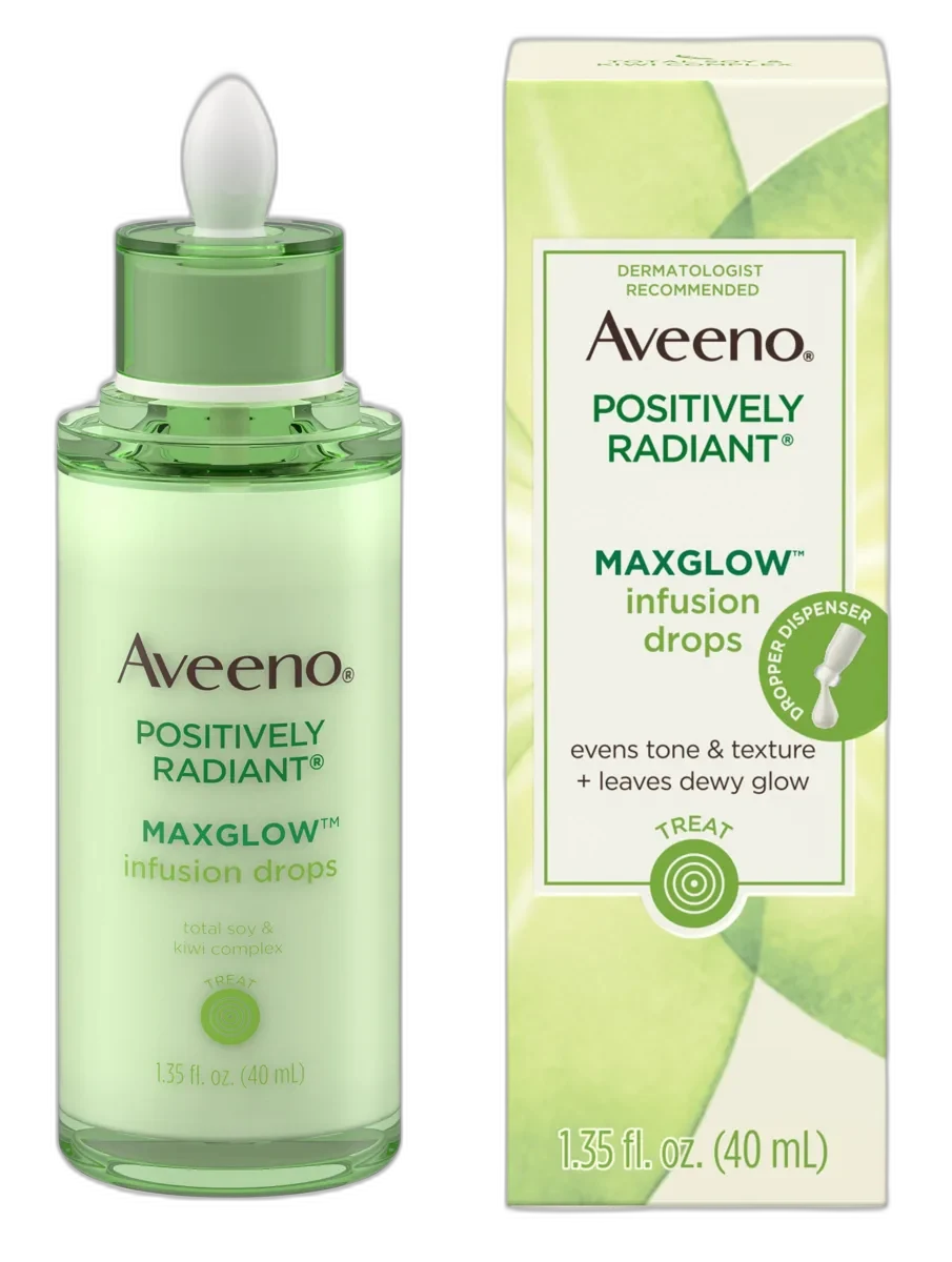 Aveeno Active Naturals Positively Radiant MaxGlow Infusion Drops serum in a glass dropper bottle