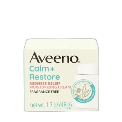 Aveeno Calm + Restore Redness Relief Moisturizing Cream jar with dark green lid