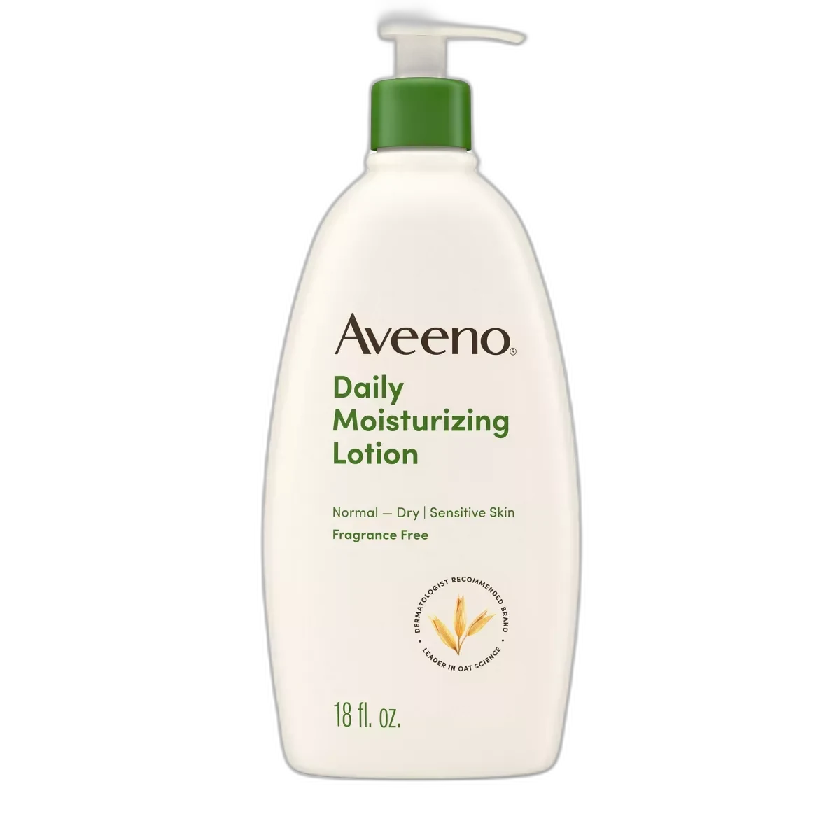 Aveeno Daily Moisturizing Lotion bottle, fragrance-free formula with colloidal oatmeal for dry skin