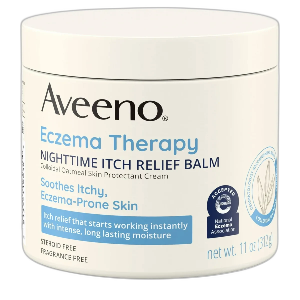 Aveeno Eczema Therapy Rescue Balm 11 oz jar with blue and white packaging