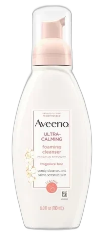 Aveeno Ultra-Calming Foaming Cleanser pump bottle with teal accents