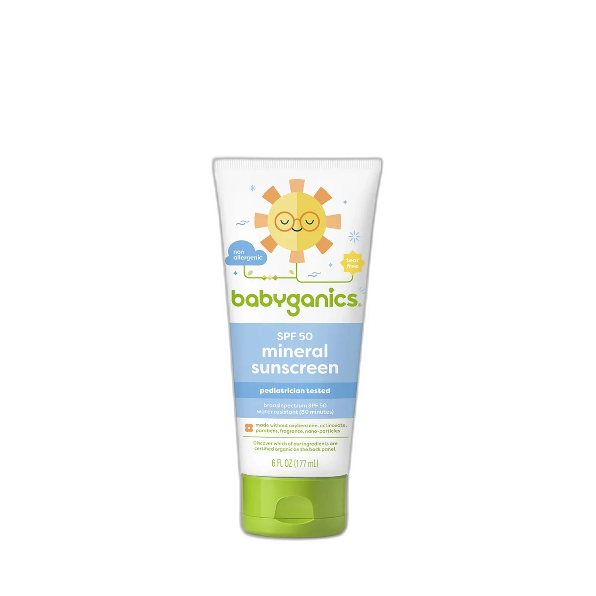 Babyganics Mineral-Based Baby Sunscreen SPF 50+ in a green and white squeeze tube