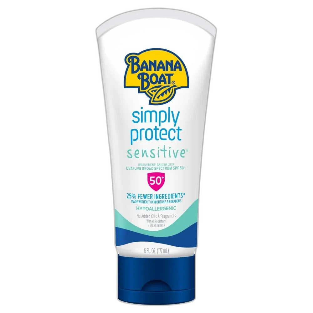 Banana Boat Simply Protect Sensitive 100% Mineral Sunscreen Lotion SPF 50+ in yellow and white
