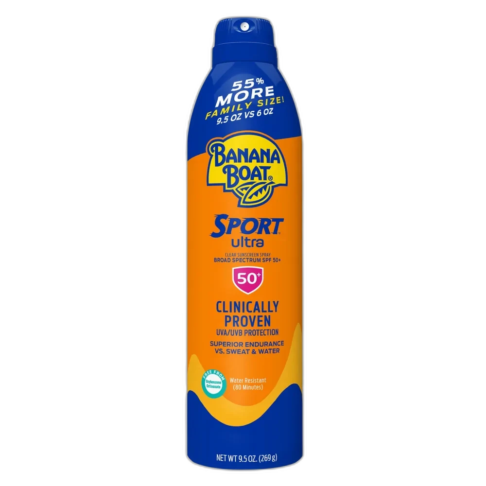 Banana Boat Sport Ultra SPF 50 Sunscreen Spray aerosol can in yellow and blue packaging