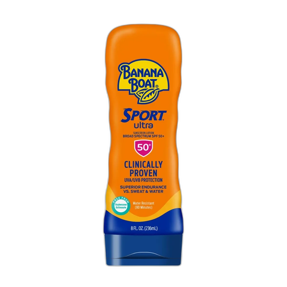 Banana Boat Ultra Sport Sunscreen Lotion SPF 50+ squeeze tube in blue and yellow packaging