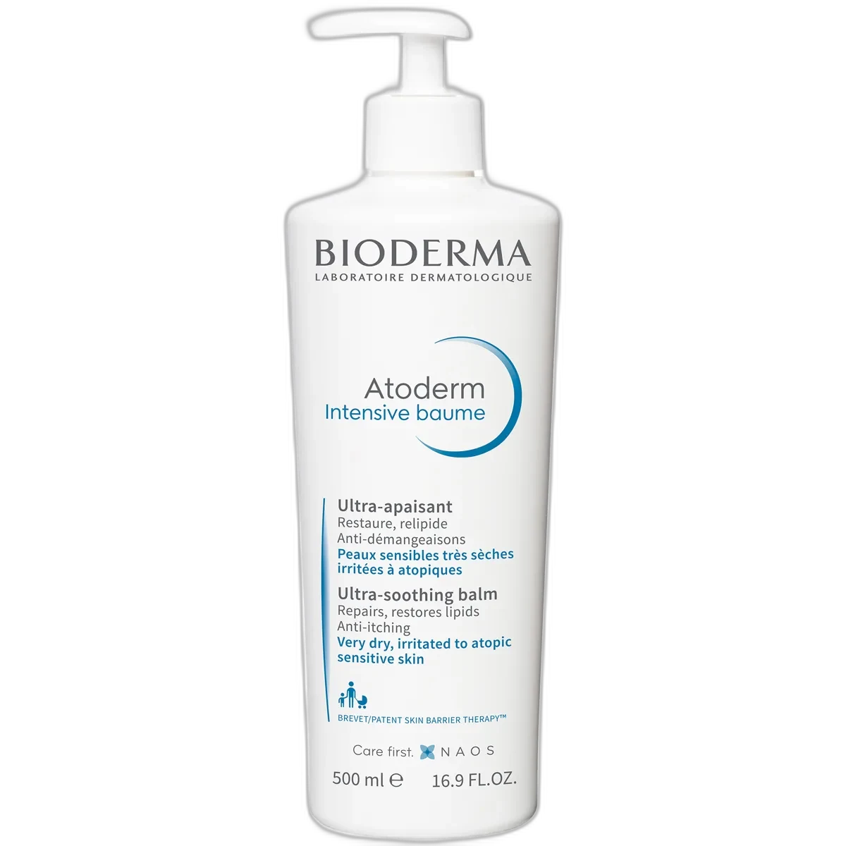 Bioderma Atoderm Intensive Baume pump bottle with white, blue, and orange packaging