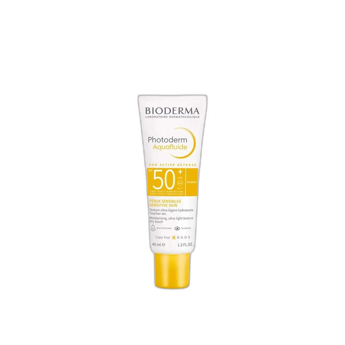 Bioderma Photoderm Aquafluid SPF 50+ sunscreen in a slim white tube with blue and orange
