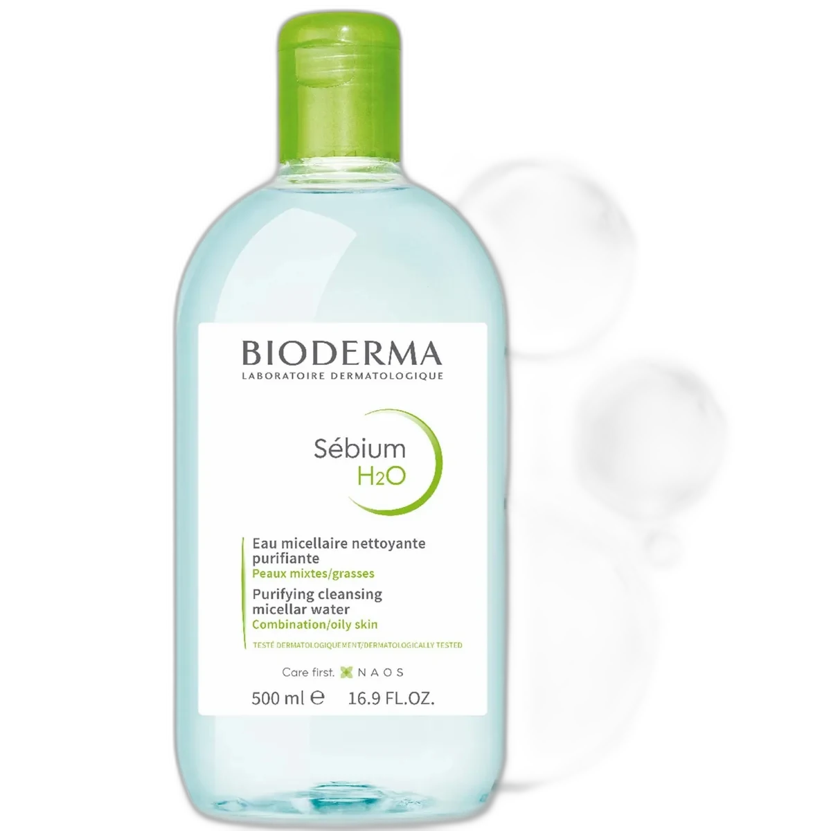 Bioderma Sebium H2O Micellar Water 500ml clear bottle with green label on white background