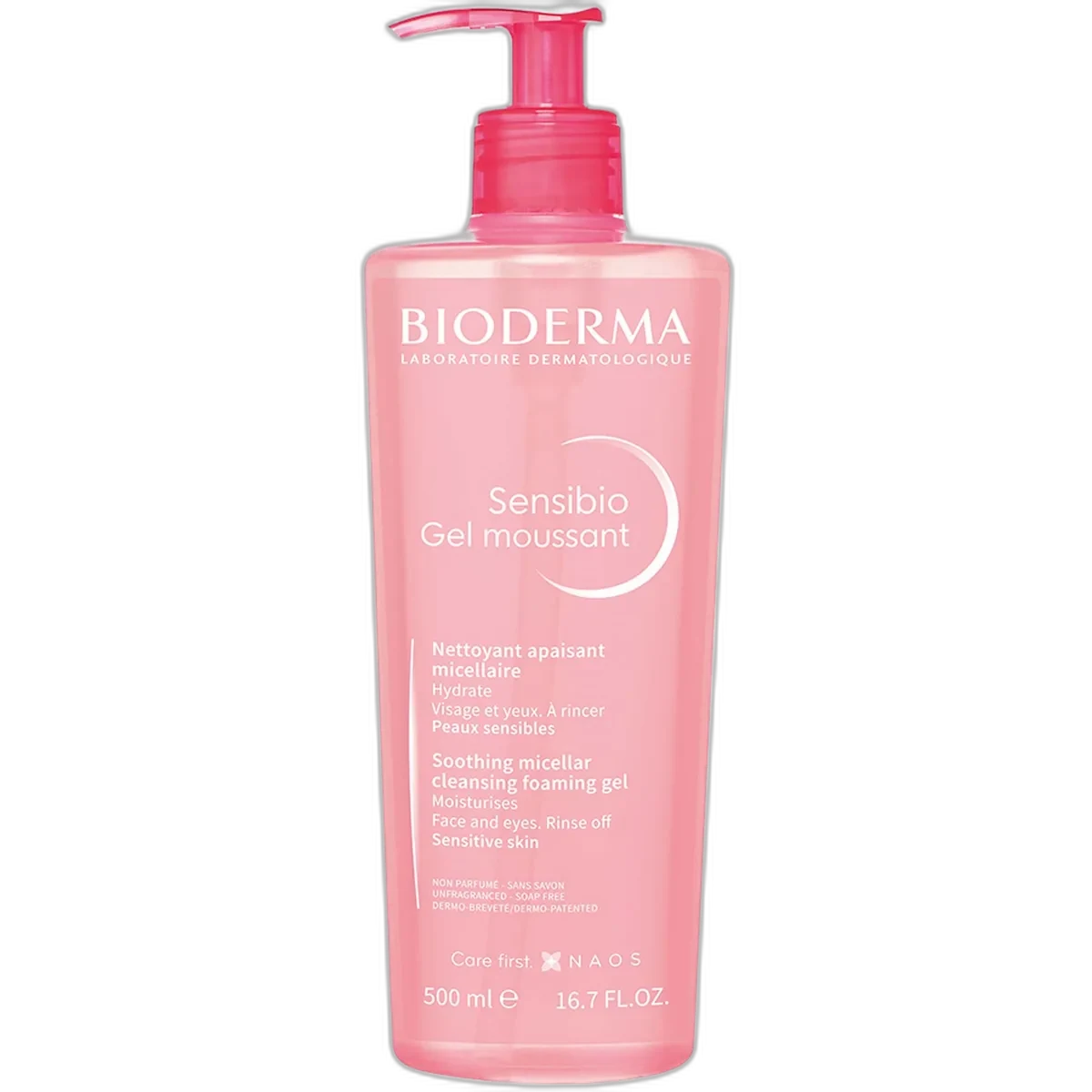 Bioderma Sensibio Gel Moussant Micellar Foaming Gel 500ml pump bottle with pink Sensibio branding
