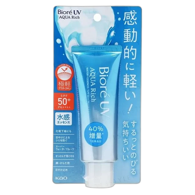 Biore UV Aqua Rich Watery Essence SPF 50+ PA++++ sunscreen tube in blue and white packaging