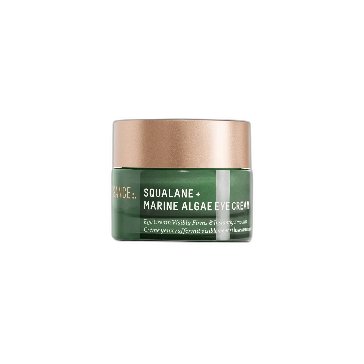 Biossance Squalane + Marine Algae Eye Cream in a small green glass jar