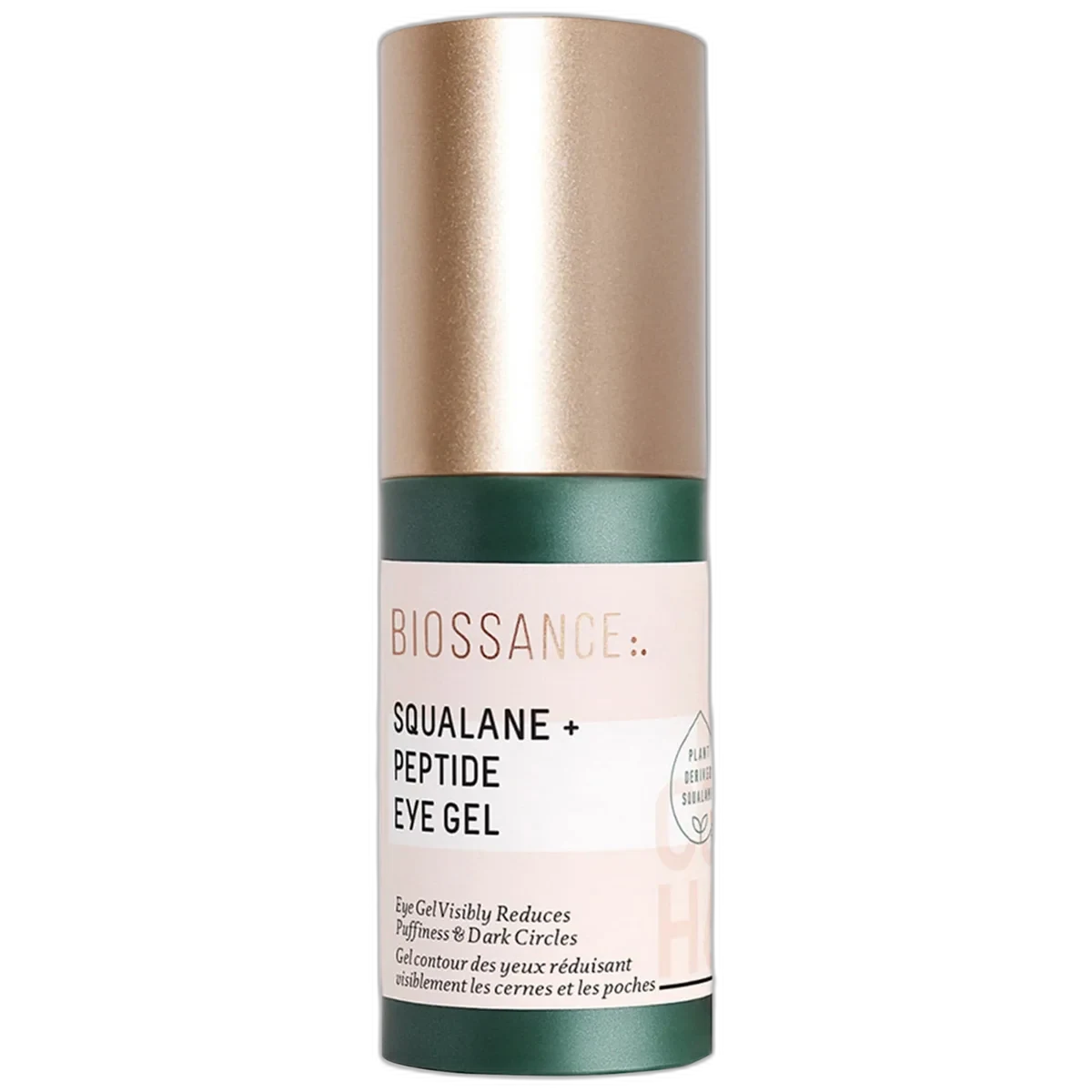 Biossance Squalane + Peptide Eye Gel in a white airless pump bottle