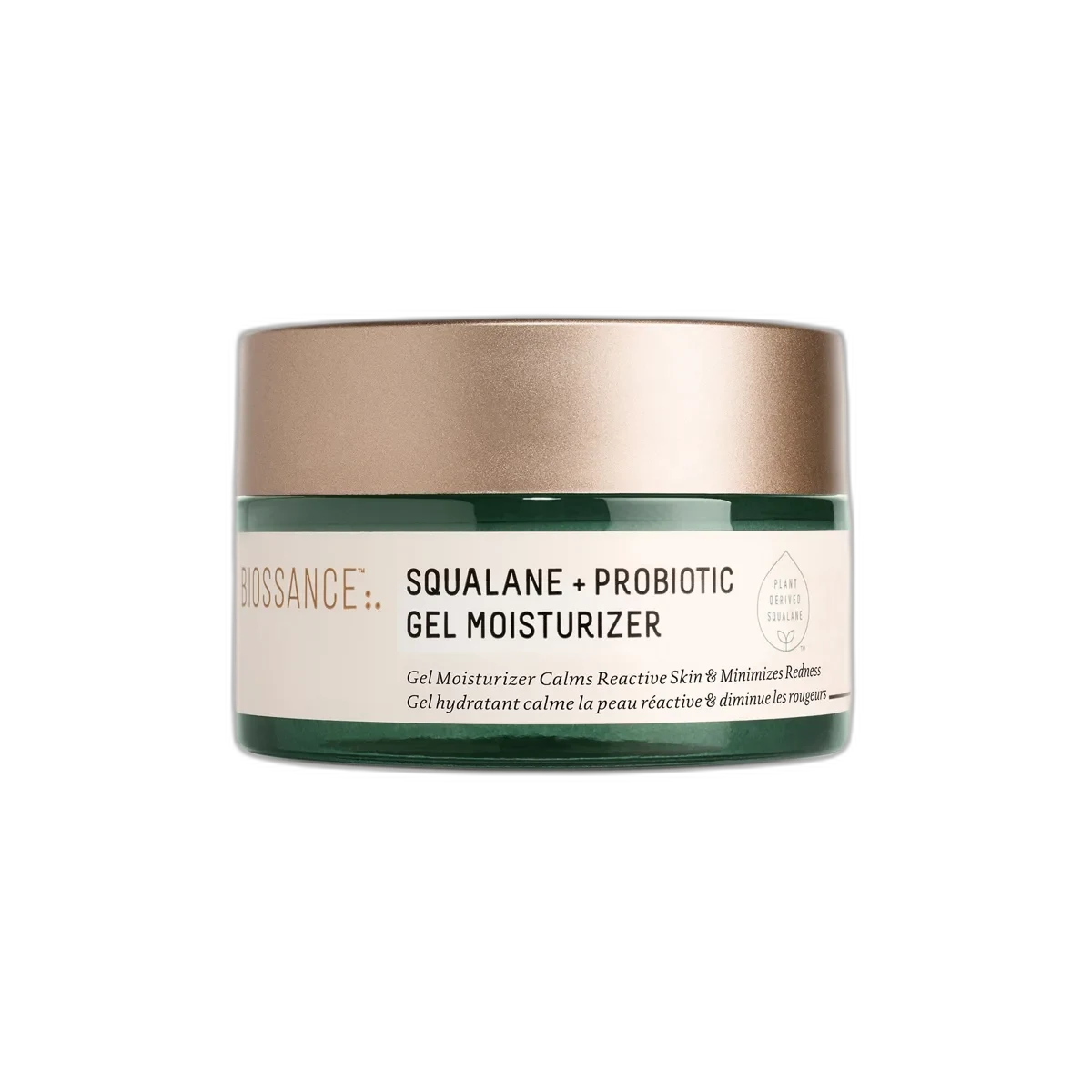 Biossance Squalane + Probiotic Gel Moisturizer in a green glass jar