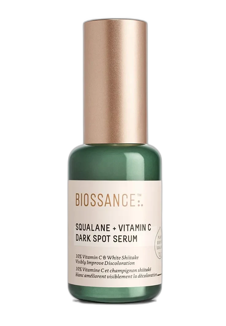 Biossance Squalane + Vitamin C Dark Spot Serum in a white pump bottle