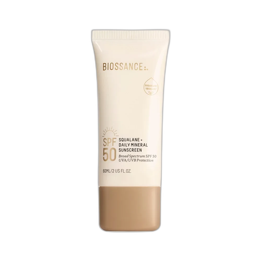 Biossance Squalane + Zinc Sheer Mineral Sunscreen SPF 30 in a white squeeze tube