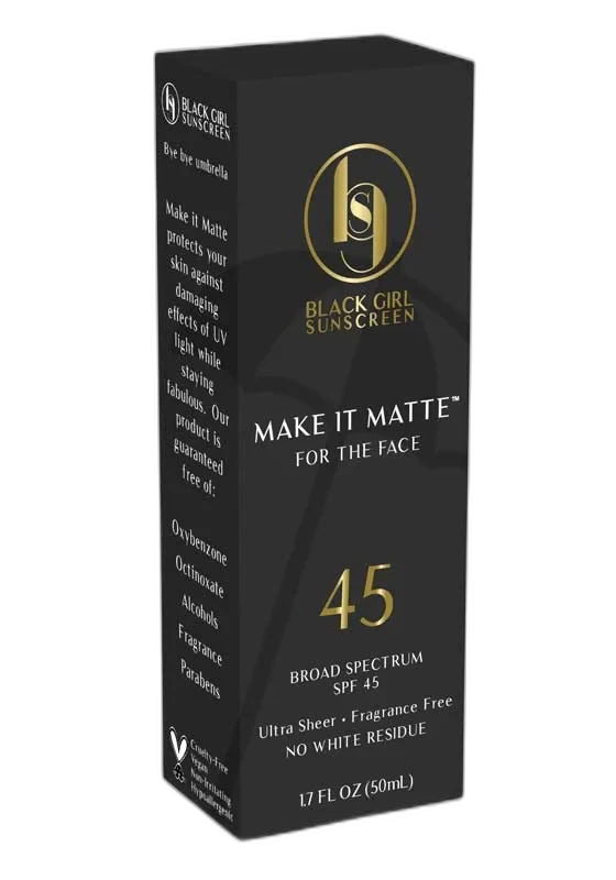 Black Girl Sunscreen Make It Matte SPF 45 gel sunscreen in a black and orange tube