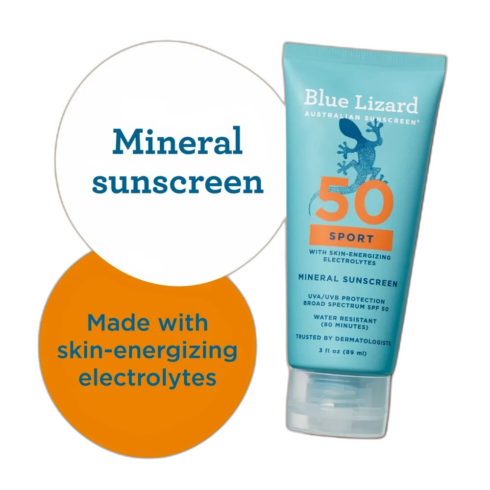 Blue Lizard Sport Mineral Sunscreen SPF 50+ in a red and blue squeeze bottle with SmartCap