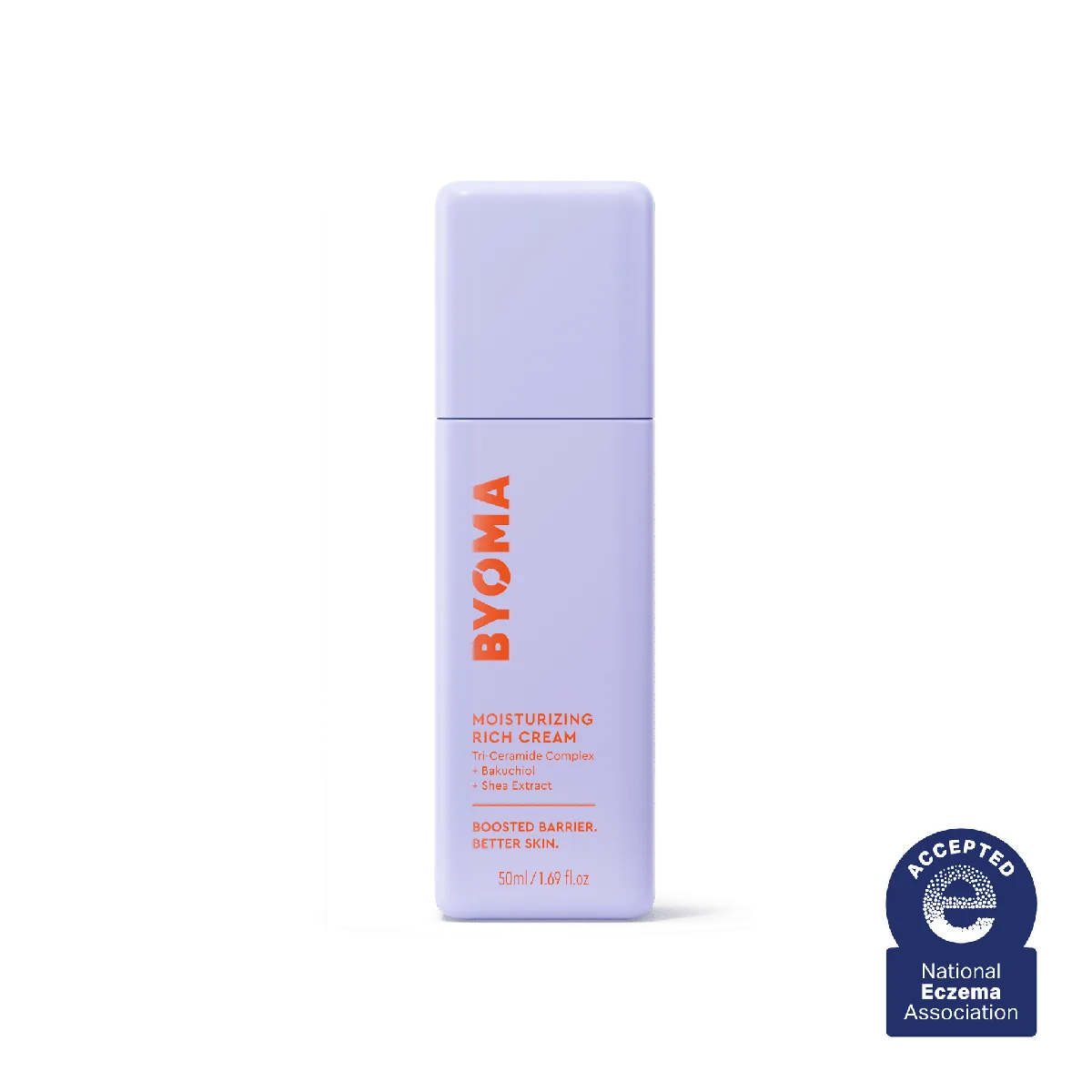 Byoma Moisturizing Rich Cream pump bottle with the brand's minimalist white and pastel