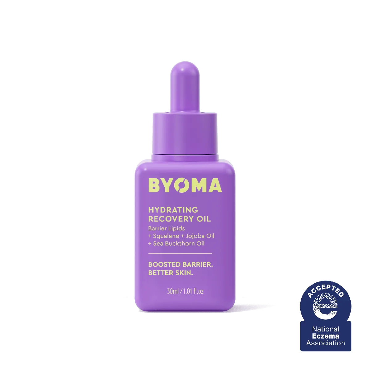 Byoma Recovery Oil glass bottle with dropper cap, showing the golden-hued botanical oil blend