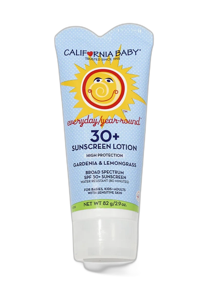California Baby Everyday/Year-Round Broad Spectrum SPF 30+ Sunscreen in a white tube with