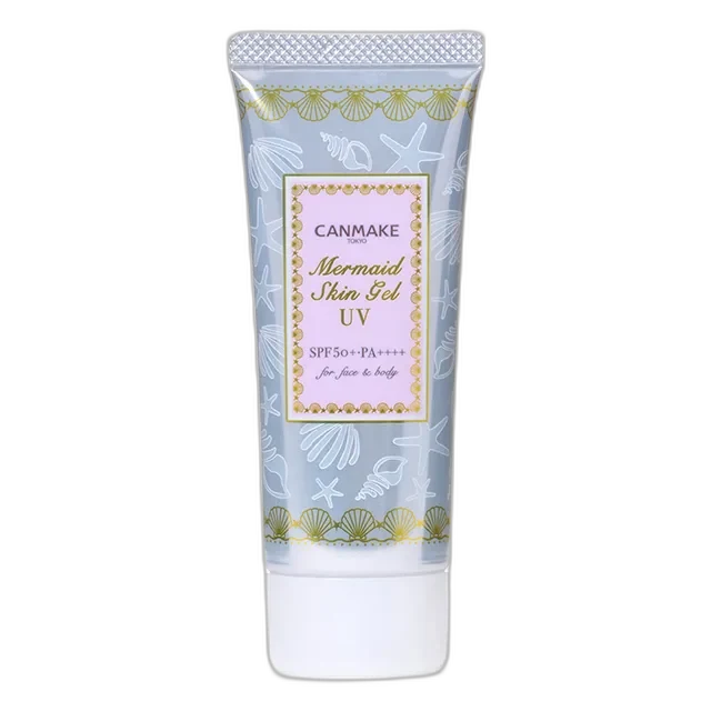 Canmake Mermaid Skin Gel UV Clear SPF 50+ tube in white and blue packaging