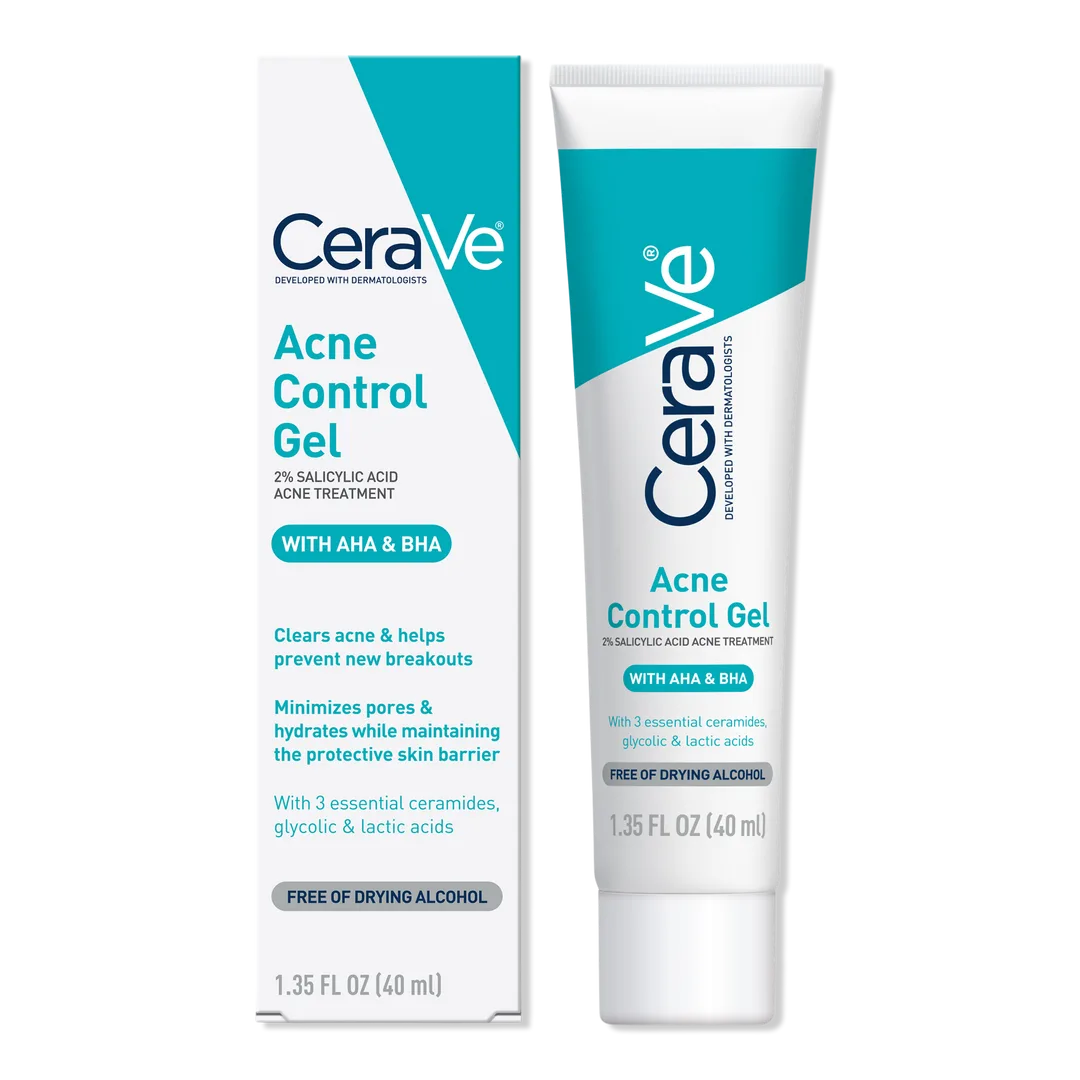 CeraVe Acne Control Gel 2% Salicylic Acid treatment tube with green and white CeraVe packaging