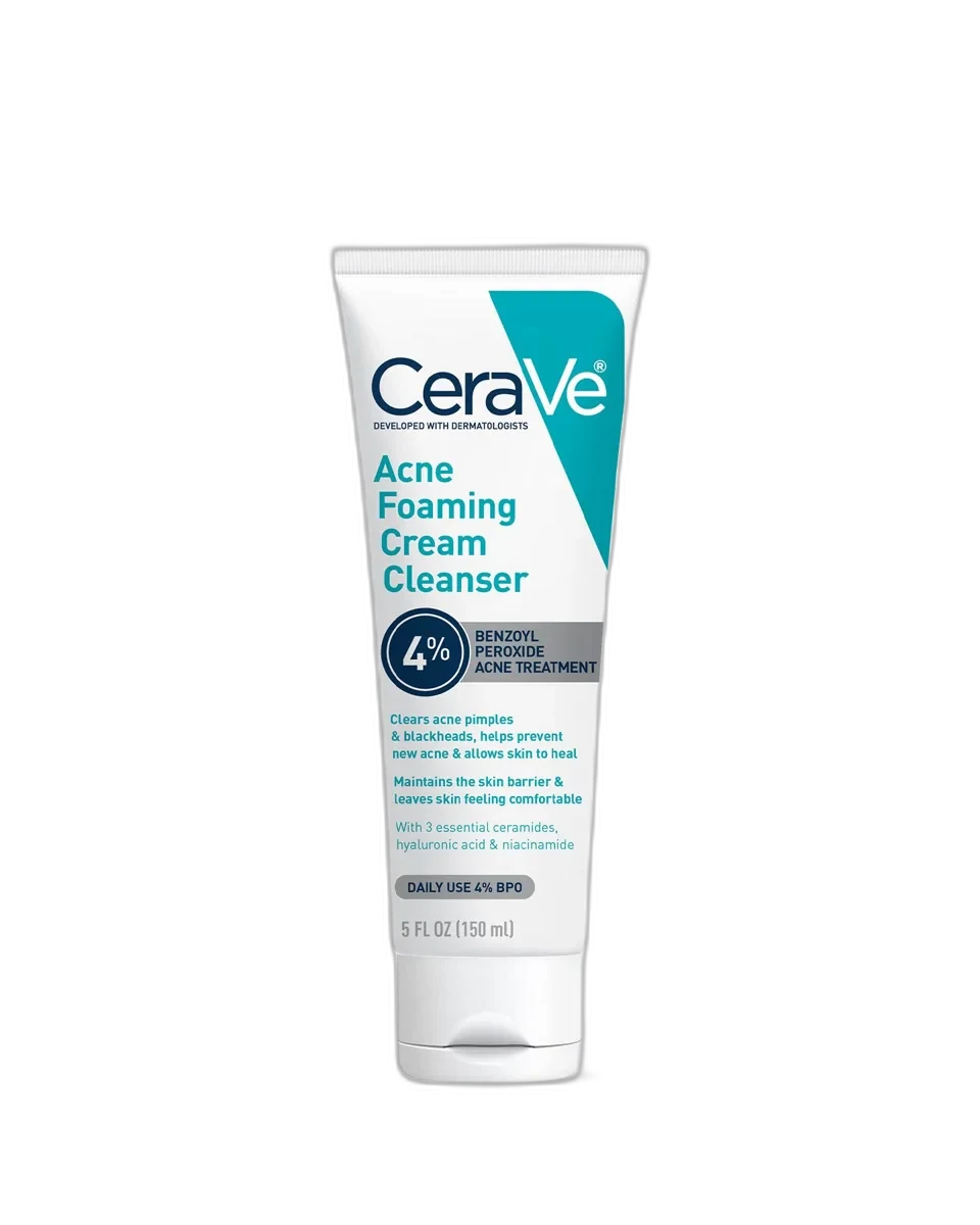CeraVe Acne Foaming Cream Cleanser with 4% Benzoyl Peroxide white tube on white background