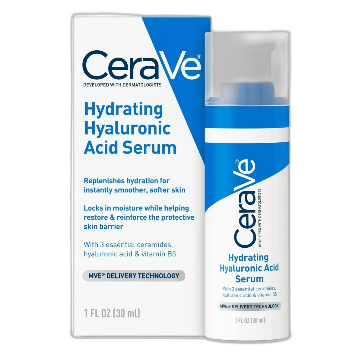 CeraVe Hydrating Hyaluronic Acid Serum in a small frosted white bottle with dropper