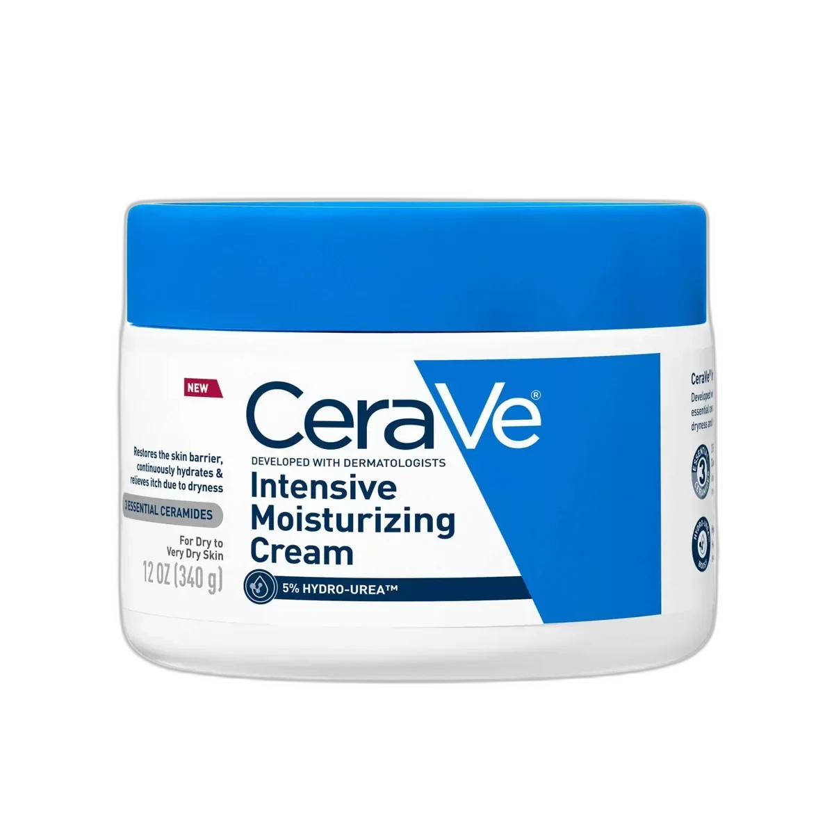 CeraVe Intensive Moisturizing Cream in a white jar with blue and green CeraVe branding