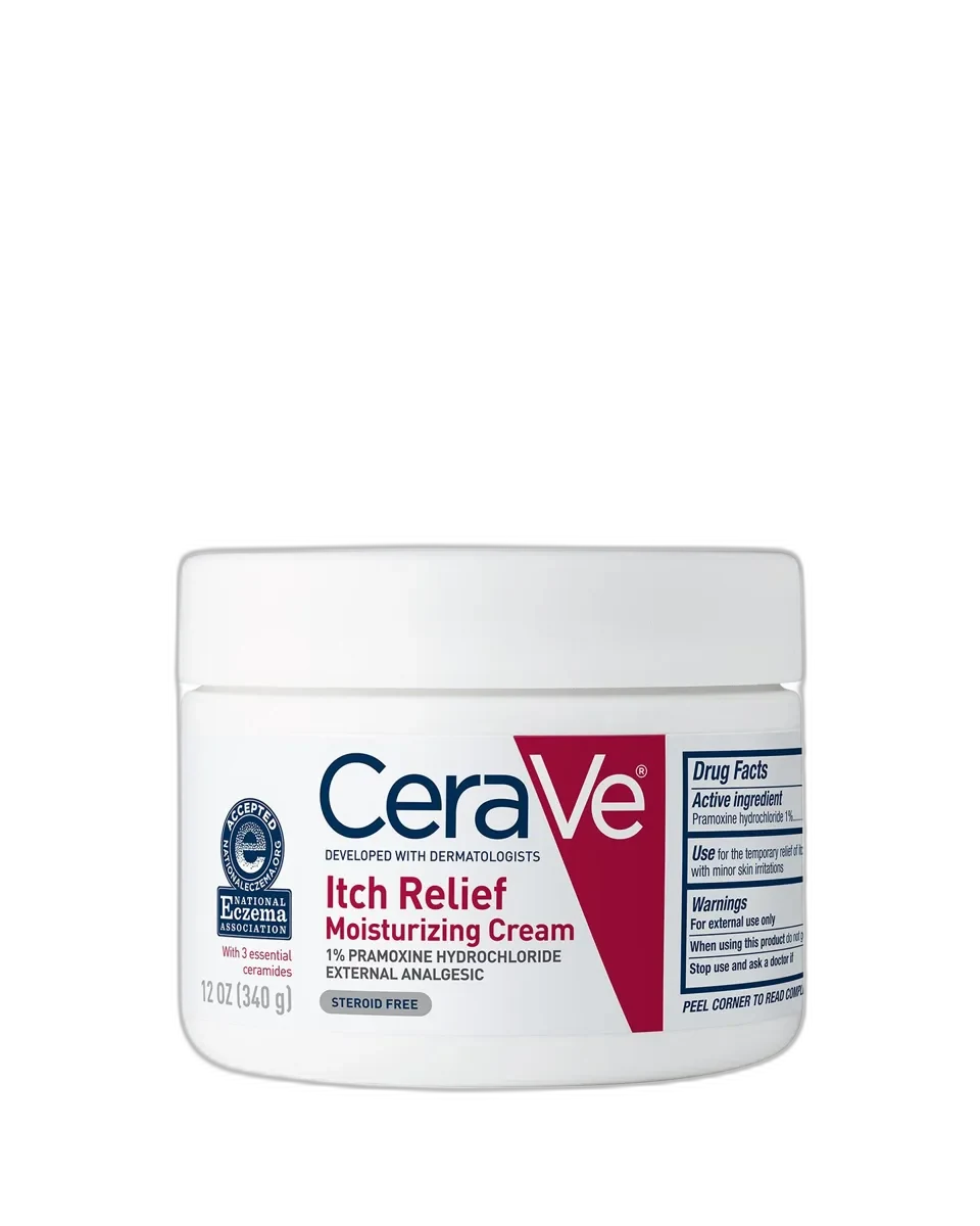 CeraVe Itch Relief Moisturizing Cream in a white jar with blue and green CeraVe branding