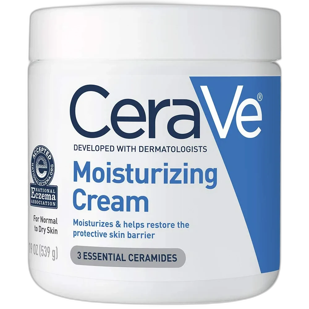 CeraVe Moisturizing Cream in a large white jar with blue lid and CeraVe branding