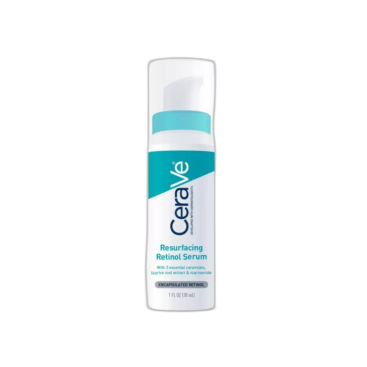 CeraVe Resurfacing Retinol Serum in a small white bottle with pump dispenser