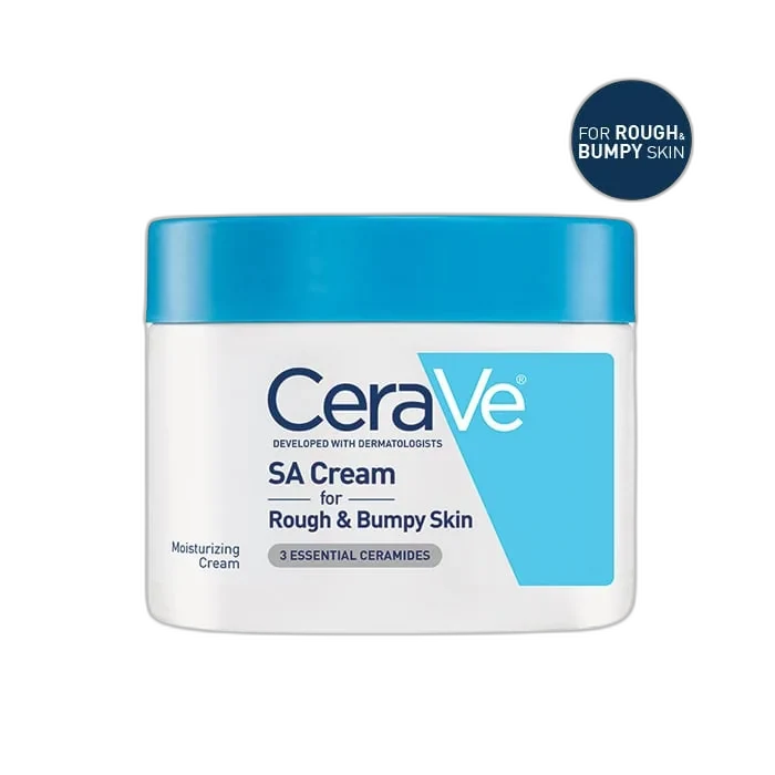 CeraVe SA Smoothing Cream tub with blue branding and screw-off lid
